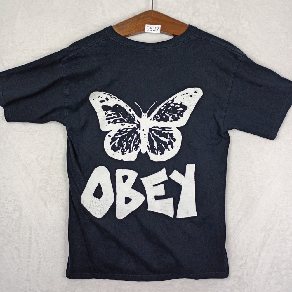 Obey Butterfly Graphic T-Shirt Mens Medium Black Streetwear Y2K 90s Vintage Gorp